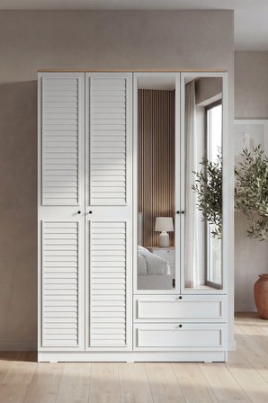 Taiga 4 Kapaklı 2 Çekmeceli Gardırop/Dolap 137x210x52 cm Buz Gri – Country Tasarım