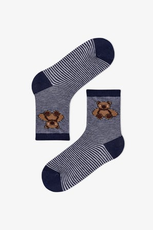 Erkek Çocuk Koyu Mavi Navy Teddy Ayı Desenli Pamuklu 4 Çift Soket Çorap