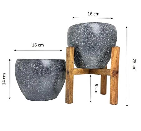 Ev Dekorasyon Gri Granit Toprak Saksı Saksılık Salon Çiçeklik İkili Set Ayaksız - 4 Ayaklı- 15 CM