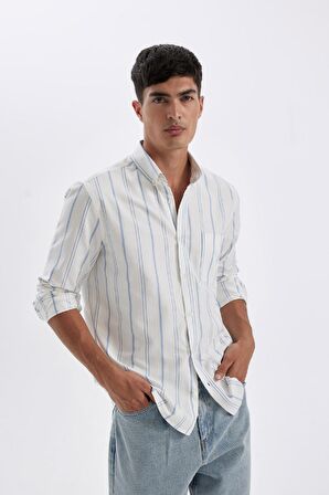 DeFacto Regular Fit Polo Yaka Çizgili Oxford Uzun Kollu Gömlek D3500AX24AUBE281