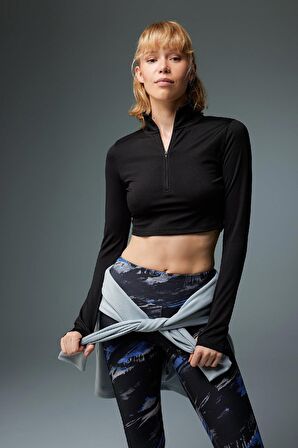 DeFactoFit Slim Fit Dar Kesim Fermuarlı Dik Yaka Sporcu Uzun Kollu Tişört W0343AZ23AUBK81