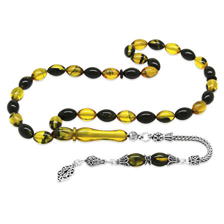 925 Ayar Gümüş Püsküllü Arpa Kesim Sarı-Siyah Ateş Kehribar Tesbih