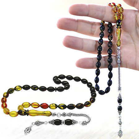 925 Ayar Gümüş Püsküllü Arpa Kesim Süzme Bala-Siyah Ateş Kehribar Tesbih