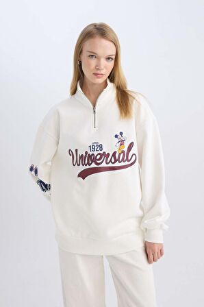 DeFacto Coool Disney Mickey & Minnie Oversize Fit Yarım Fermuarlı Baskılı Kalın Kumaş Sweatshirt D5958AX24WNWT32