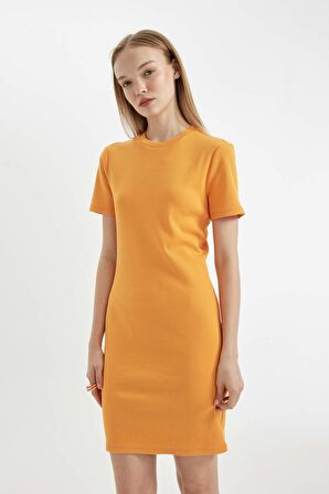 DeFacto Coool Bodycon Vücudu Saran Bisiklet Yaka Fitilli Kaşkorse Kısa Kollu Mini Elbise C1503AX24SPYL157