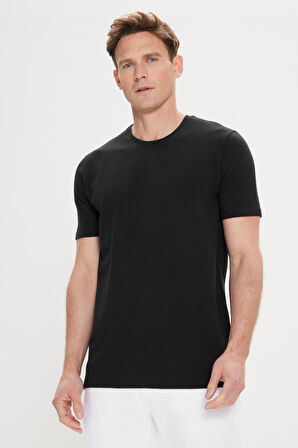 Erkek Siyah Slim Fit Dar Kesim Bisiklet Yaka Kısa Kollu Yumuşak Tuşeli Basic Tişört