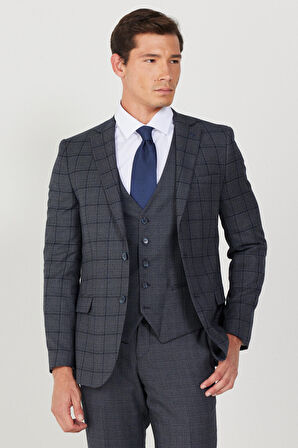 Erkek Lacivert-gri Slim Fit Dar Kesim Mono Yaka Kareli Yelekli Klasik Takım Elbise