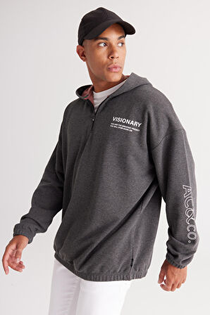 Erkek Antrasit-melanj Oversize Bol Kesim Içi Polarlı 3 Iplik Kapüşonlu Baskılı Sweatshirt