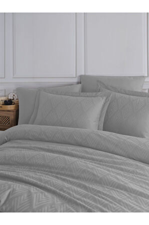 Sevim Tivoli %100 Pamuk Jakarlı & Saten Çift Kişilik Nevresim Takımı - Gri - 200x220 Cm