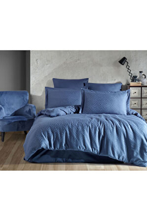 Sevim Jakarlı & Saten Çift Kişilik Nevresim Takımı - Çeyizlik 6 Parça Nevresim Seti-200x220cm-Metis İndigo