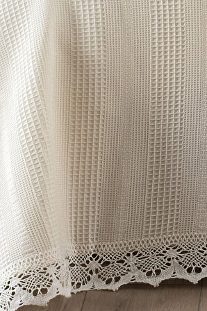 %100 Pamuk Çift Kişilik Kopanaki Dantelli Waffle Pike-210x230 cm-Krem
