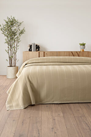Çift Kişilik Kopanaki Dantelli Petek Pike-210x230 cm-Waffle Dokuma Pike-Bej