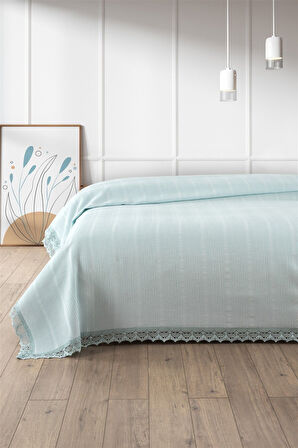 Sevim Dantelli Tek Kişilik Waffle Pike- %100 Pamuk Petekli Pike-160x230 cm-Mint