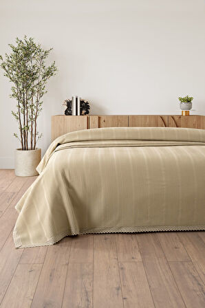 Tek Kişilik Dantelli Petek Pike - Bej Renk Waffle Dokuma Pike-160x230 cm