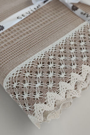 Tek Kişilik İki Renkli Kopanaki Dantelli Petek Pike - Waffle Dokuma -160x230 cm-Kapuçino