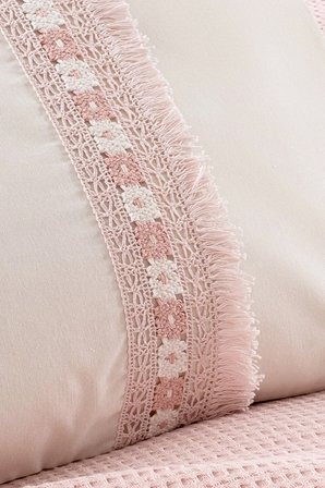 Tek Kişilik Kopanaki Dantelli & Püsküllü Pike Takımı 3 Parça - %100 Pamuk - 160x230 cm - Somon