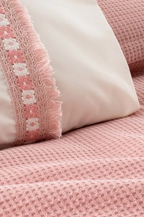 Tek Kişilik Kopanaki Dantelli & Püsküllü Pike Takımı 3 Parça - %100 Pamuk - 160x230 cm - Pudra