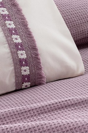 Tek Kişilik Kopanaki Dantelli & Püsküllü Pike Takımı 3 Parça - %100 Pamuk - 160x230 cm - Mürdüm