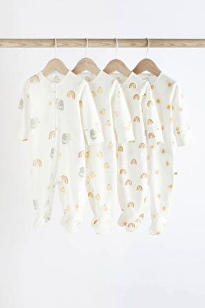 Next Baby % 100 Pamuklu Beyaz Gökkuşağı Desenli 4'lü Tulum Set