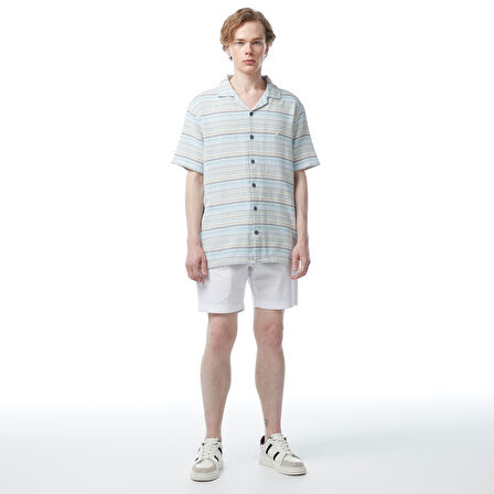 Nautica Erkek Mavi Classic Fit Kısa Kollu Çizgili Gömlek