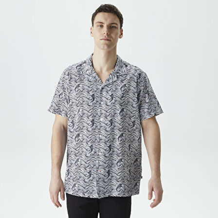 Nautica Erkek Beyaz Classic Fit Kısa Kollu Desenli Keten Gömlek