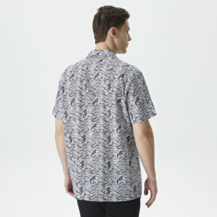 Nautica Erkek Beyaz Classic Fit Kısa Kollu Desenli Keten Gömlek