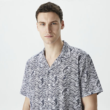 Nautica Erkek Beyaz Classic Fit Kısa Kollu Desenli Keten Gömlek