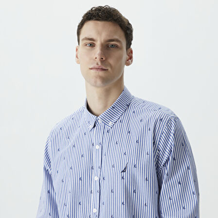 Nautica Erkek Mavi Classic Fit Uzun Kollu Desenli Gömlek