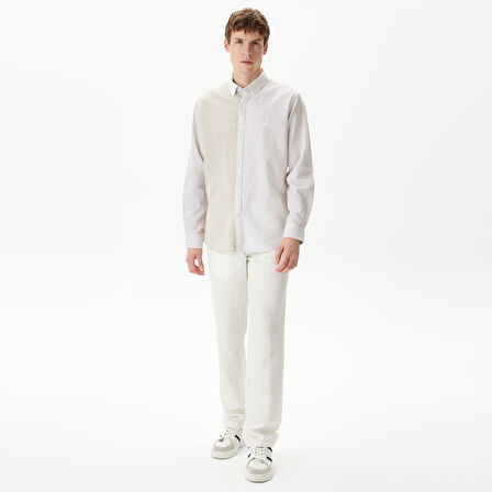 Nautica Erkek Kırık Beyaz Classic Fit Uzun Kollu Renk Bloklu Gömlek