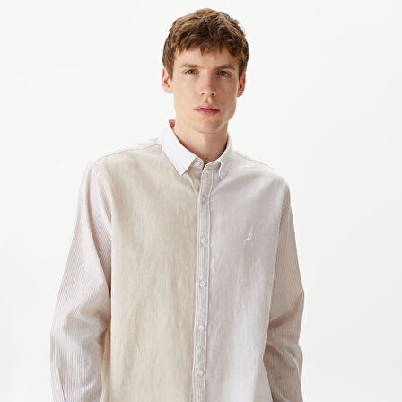 Nautica Erkek Kırık Beyaz Classic Fit Uzun Kollu Renk Bloklu Gömlek