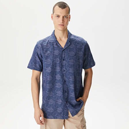 Nautica Erkek Lacivert Classic Fit Kısa Kollu Desenli Keten Gömlek