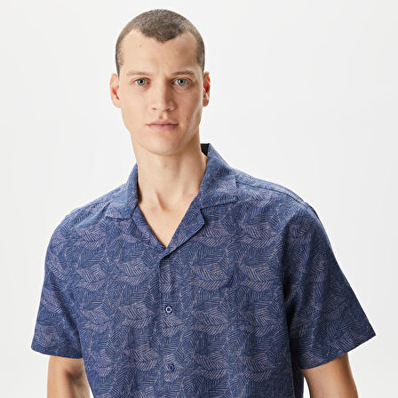 Nautica Erkek Lacivert Classic Fit Kısa Kollu Desenli Keten Gömlek