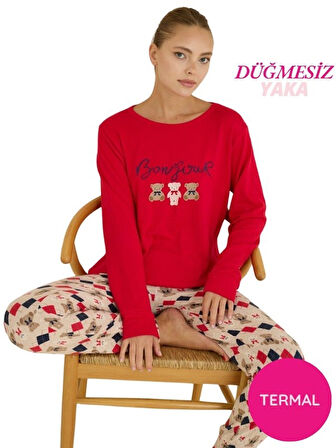 Kadın Bisiklet Yaka Düğmesiz Bilekler Lastikli/Jogger Yumuşak Termal Kışlık Pijama Takımı
