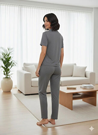 KADIN GRİ DÜĞME DETAYLI PİJAMA TAKIMI