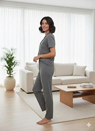 KADIN GRİ DÜĞME DETAYLI PİJAMA TAKIMI