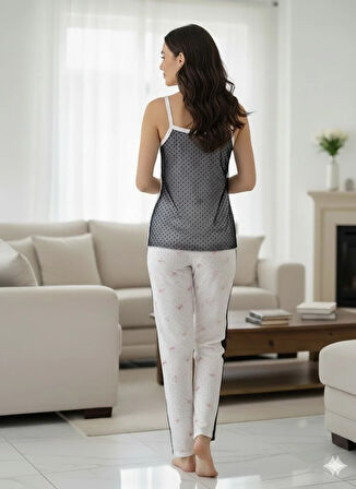 KADIN BEYAZ TÜL DETAYLI PİJAMA TAKIM