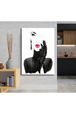 Siyah Beyaz Kadın Kanvas Gülen Tablo
