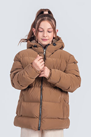 Kız Çocuk Kapüşonlu Nova Kumaş Kışlık Mont KM1010