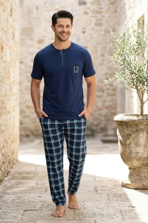 Erkek Lacivert Viskon Karışımlı Kısa Kollu Yazlık Soft Pijama Takımı