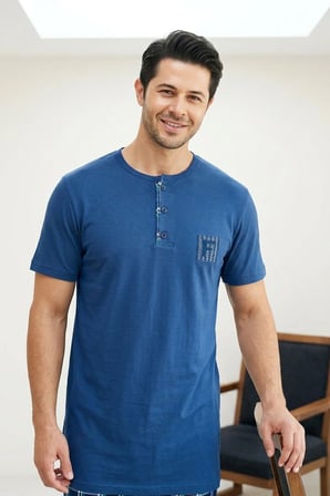 Erkek Lacivert Viskon Karışımlı Kısa Kollu Yazlık Soft Pijama Takımı