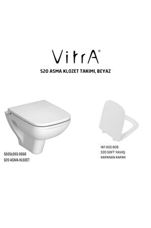 S20 Asma Klozet 5505L003-0868, Vitra S20 Soft Yavaş Kapanır Kapak 147-003-909