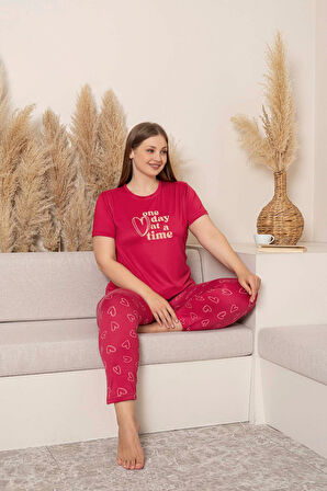 Kadın Bisiklet Yaka Düğmesiz Battal Kesim Viskon Yazlık Kısa Kol Büyük Beden Pijama Takımı