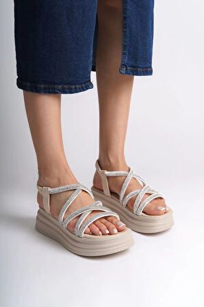 ELENA Lastikli Taşlı Şeritli Ortopedik Taban Kadın Sandalet  KT - Krem