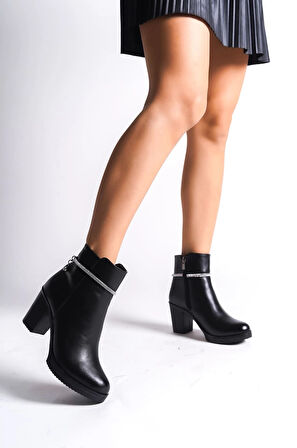 ARIA Fermuarlı Ortopedik Taban Taşlı Topuklu Kadın Bot ST - Siyah