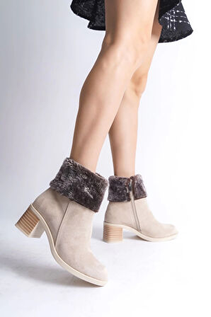 KATYA Fermuarlı Ortopedik Taban Topuklu Kürk Detaylı Süet Kadın Bot  TT - Ten