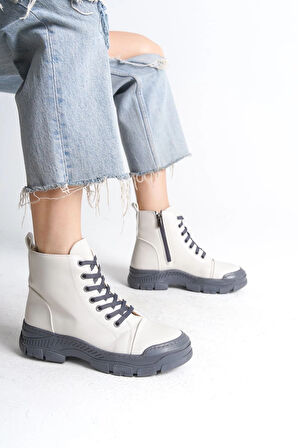 BLOOM Bağcıklı Fermuarlı Ortopedik TabanKadın Bot  GT - Krem