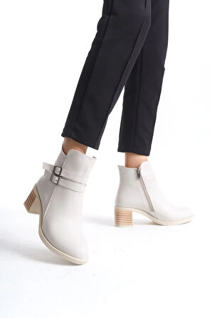 NOEMI Tokalı Fermuarlı Ortopedik Taban TopukluKadın Bot  KT - Krem