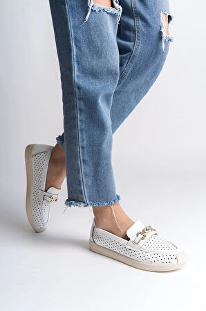 LILY Bağcıksız Ortopedik Rahat Taban Kalp Desenli Kadın Babet Ayakkabı  KT - Beyaz