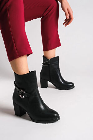 EDNA Fermuarlı Ortopedik Taban Taşlı Topuklu Kadın Bot ST - Siyah