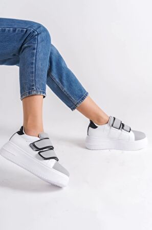 VALENCIA Bağcıksız Cırt Cırtlı Ortopedik Taban Kadın Sneaker Ayakkabı BT Beyaz/Gri